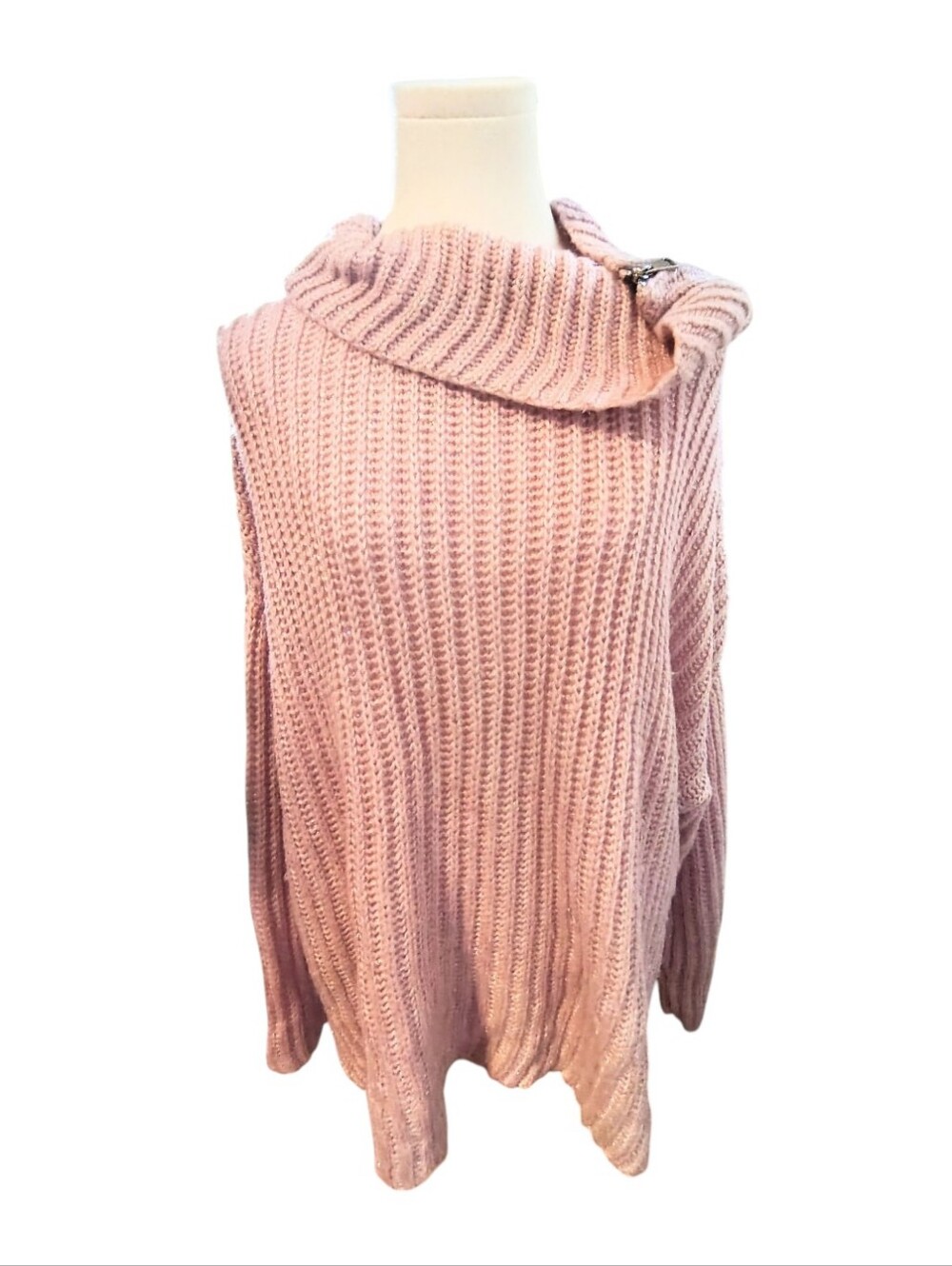 Venus Gold Threaded Soft Drapey Pretty Pink Ribbed Zippered Cowl Sweater Size 2X